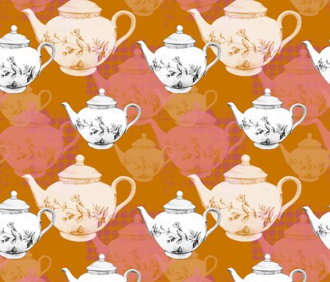 Teapots on a Field of orange and pink