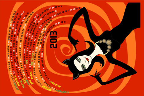 A purrfect 2013: catwoman tea towel calendar (red) fabric by bippidiiboppidii on Spoonflower - custom fabric