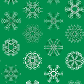 Calligraphic Christmas snowflakes on holly green