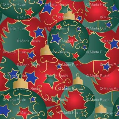 Christmas baubles on green