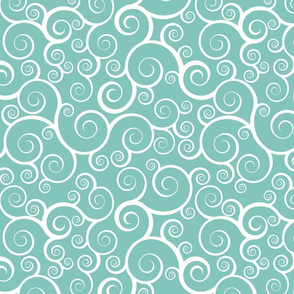 Fancy Swirls - White on Teal