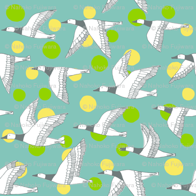 migratory birds - grey, light teal, apple green, pale yellow