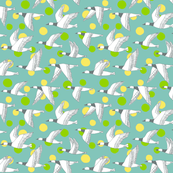migratory birds - grey, light teal, apple green, pale yellow