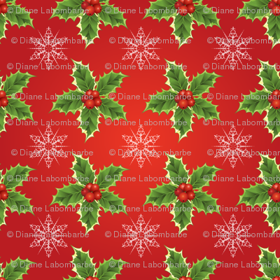 Holly & Snowflakes On Red Christmas Pattern 