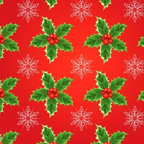 Holly & Snowflakes On Red Christmas Pattern 