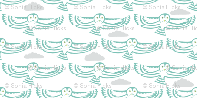 owl flight in teal with clouds