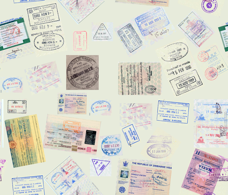 Passport Stamps-green fabric by koalalady on Spoonflower - custom fabric