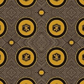 Kanji- Wood end grain, leather,  brown, charcoal, gold-ed