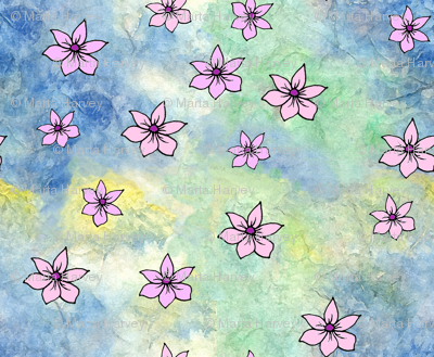 Pink Flowers on Watercolor Painted Rice Paper