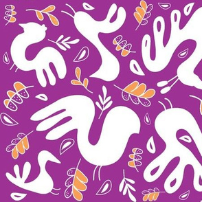 A Fancy Feathery Flock! (purple, tangerine and white)