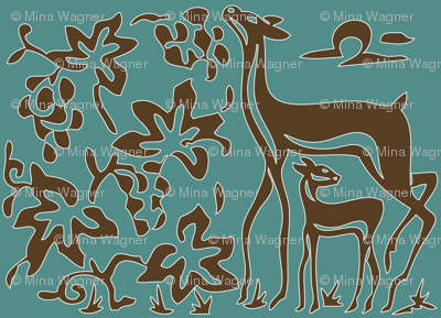 Art & Crafts deer & grapes - vector large - brown-30 on minagreen white-lines