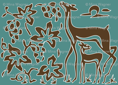 Art & Crafts deer & grapes - vector large - brown-30 on minagreen - white-lines-batik