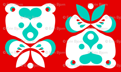 Love Bear -teal & white on red