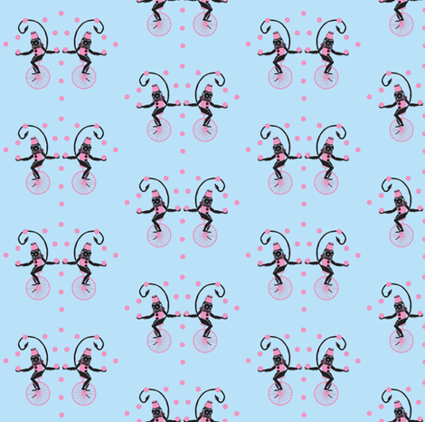 Circus Monkey pink on blue fabric by silverfishcircus on Spoonflower - custom fabric