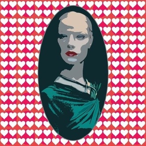 Lady in Green White Hearts Pink Dots