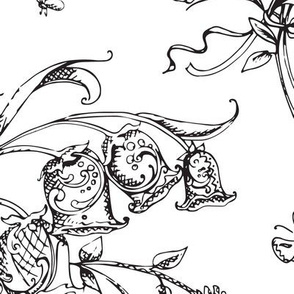 Whimsical Floral Bells and Bugs B&W