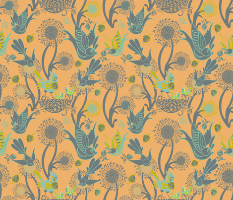 Birds and Nests (Orange) fabric by chickoteria on Spoonflower - custom fabric