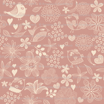 flowers, hearts, and birds in pink