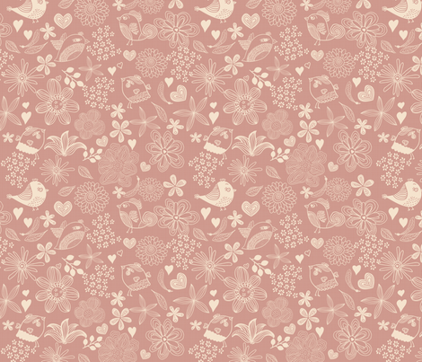 flowers, hearts, and birds in pink fabric by anastasiia-ku on Spoonflower - custom fabric