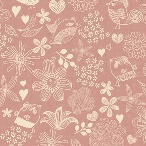flowers, hearts, and birds in pink