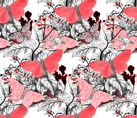 Moth Ridden Botanical ~ Red, Black & White and Tight fabric by peacoquettedesigns on Spoonflower - custom fabric