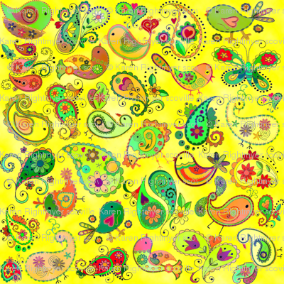 paisley birds -  yellow