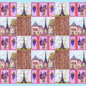 Paris inspired pointillisms with landscape, wood planks, grapes and wine fabric design 42x36" new 1