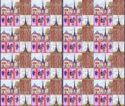 Paris inspired pointillisms with landscape, wood planks, grapes and wine fabric design 42x36" new 3