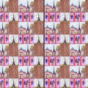 Paris inspired pointillisms with landscape, wood planks, grapes and wine fabric design 42x36" new 3