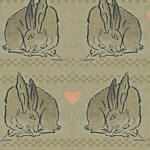 Amorous Spring Hares - taupe, charcoal & salmon pink.  Valentines Day.