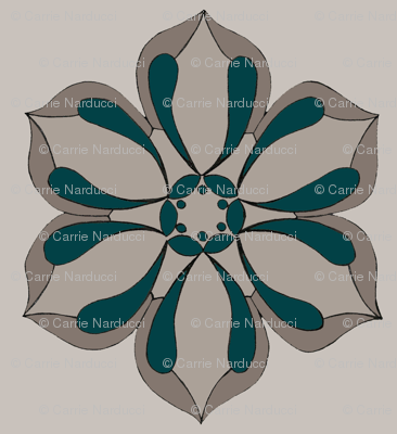 Six Petal Floral in warm grays & peacock