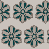 Six Petal Floral in warm grays & peacock