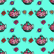 Teapots and Flowers on Aqua