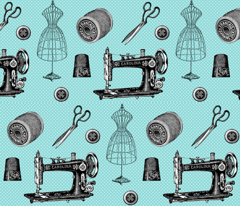 Vintage Sewing Aqua fabric by 13moons_design on Spoonflower - custom fabric