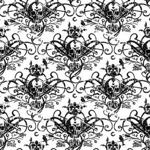 Raven Skull Damask White