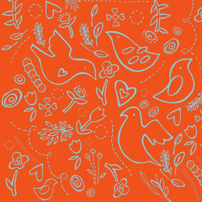 "quilted" folk birds in warm cherry tomato & soft cool blue