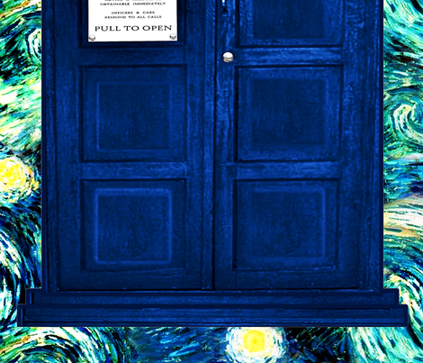 Whovian Inspired Giant Police Box for Quilts (2 YARD SIZE), on Van Gogh's Starry Night Background