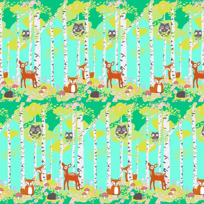 Birch forest with woodland friends aqua