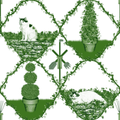 Cat Nip Cat Nap Garden ~ Green & White Toile