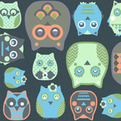 owls orange blue green