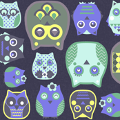 owls violet yellow green