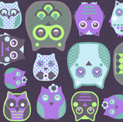 owls violet blue green