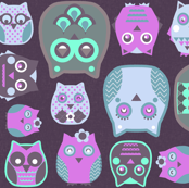 owls pink blue grey