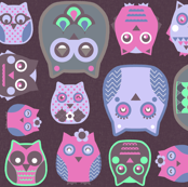 owls pink violet green