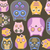 owls pink blue yellow