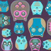 owls pink blue mustard