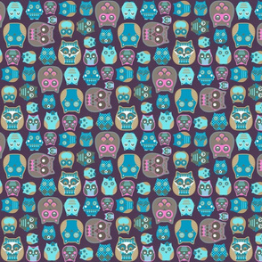 owls pink blue mustard