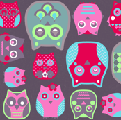 owls pink red blue green
