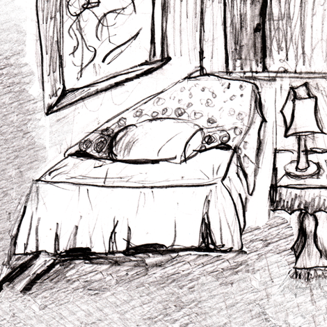 Room Sketch With Bed, Lamp - Grayscale