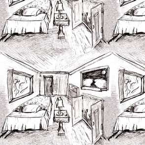 Room Sketch With Bed, Lamp - Grayscale
